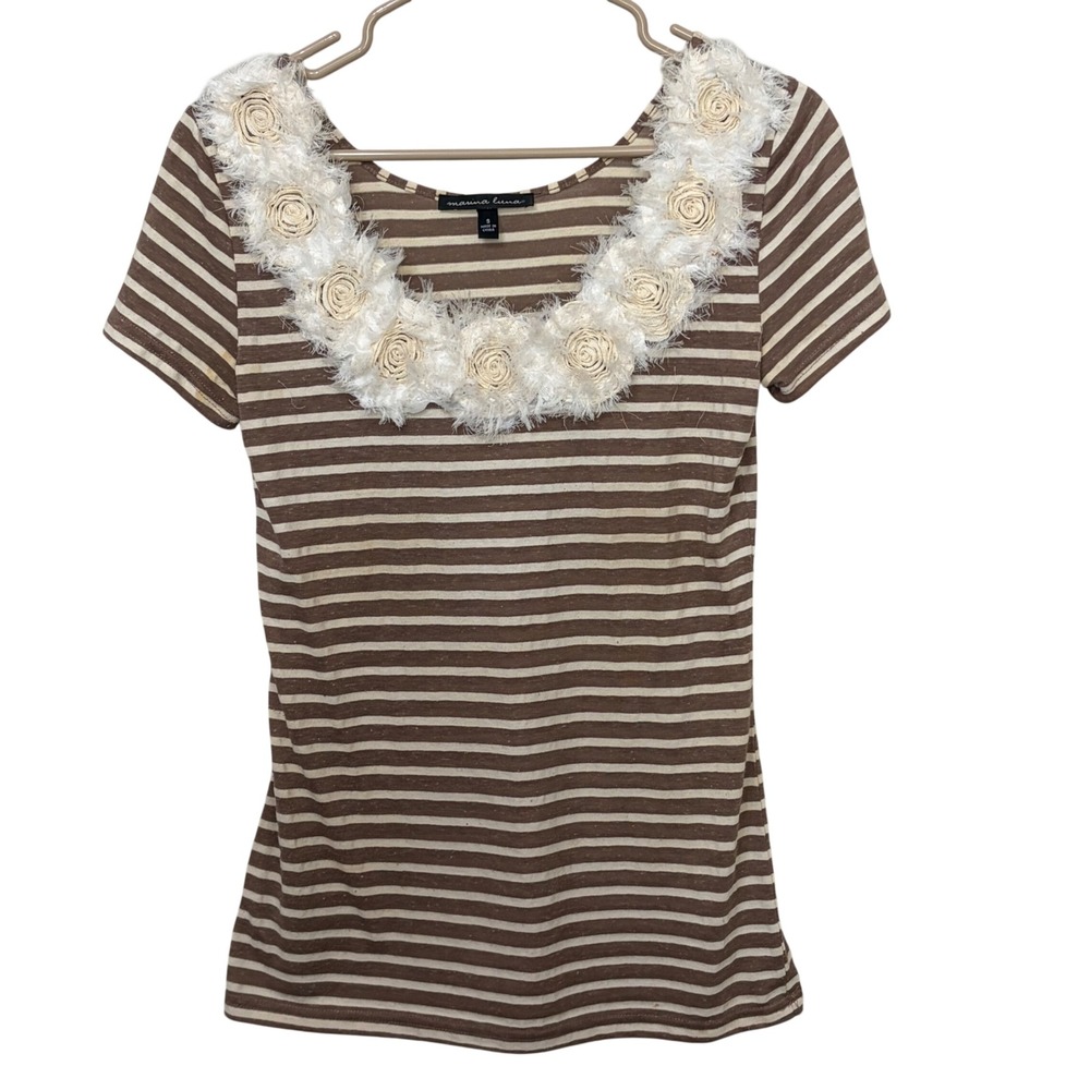 Marina Luna Brown Striped Rosette Neck Short Sleeve Top Womens Small RN117175